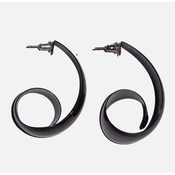 Vintage 90s Retro Y2K Black Plastic Swirly Hoop Fashion Earrings - Picture 1 of 3